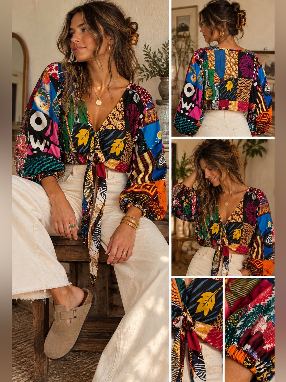 Patchwork African Wax Print Boho Maximalist Balloon Sleeve Crop Top